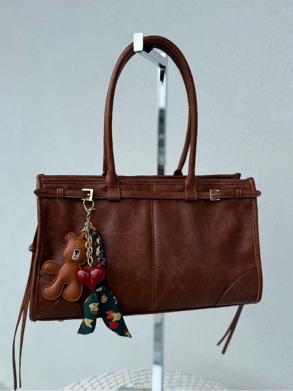 Classic Brown Leather Tote Bag with Bear Charm